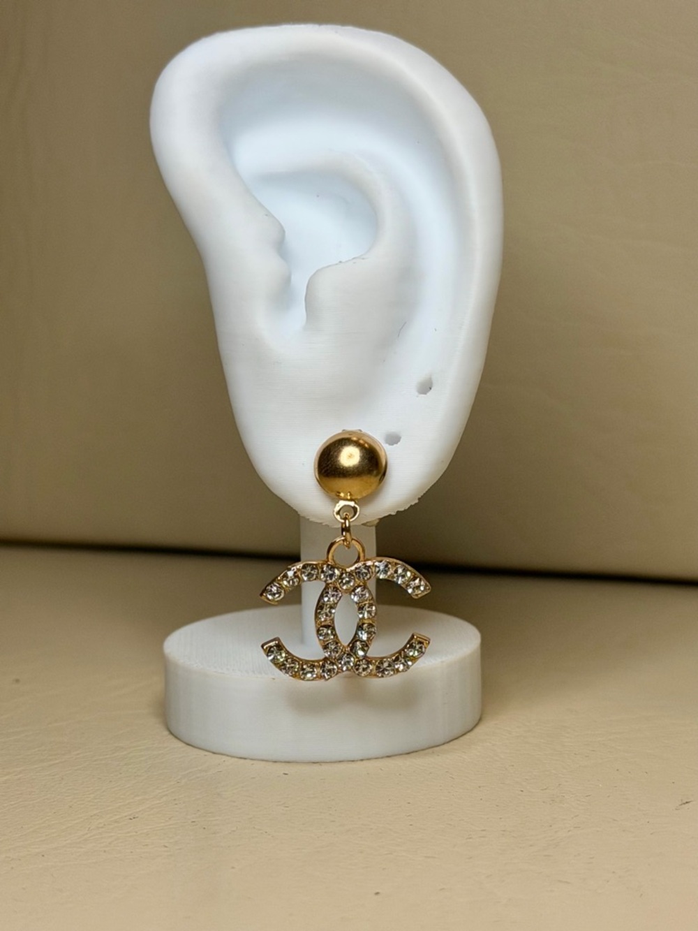 CC Gold-Tone Crystal Logo Drop Earrings
